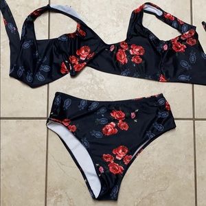flower tie around top with high waisted bottoms